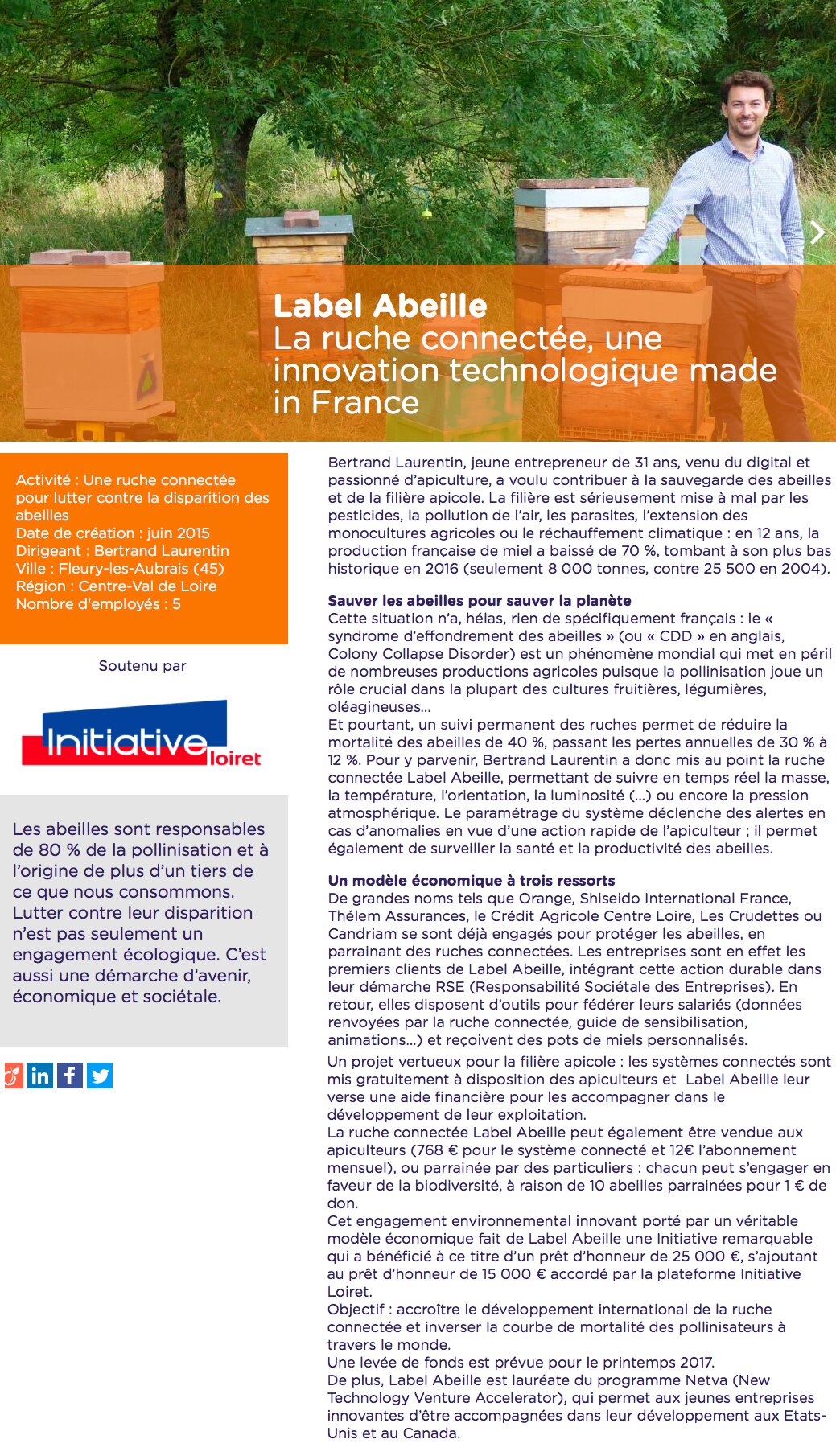 LABEL ABEILLE - La ruche connectée, innovation Made in France, a été reconnue par Initiative France et Initiative Loiret comme Initiative Remarquable
